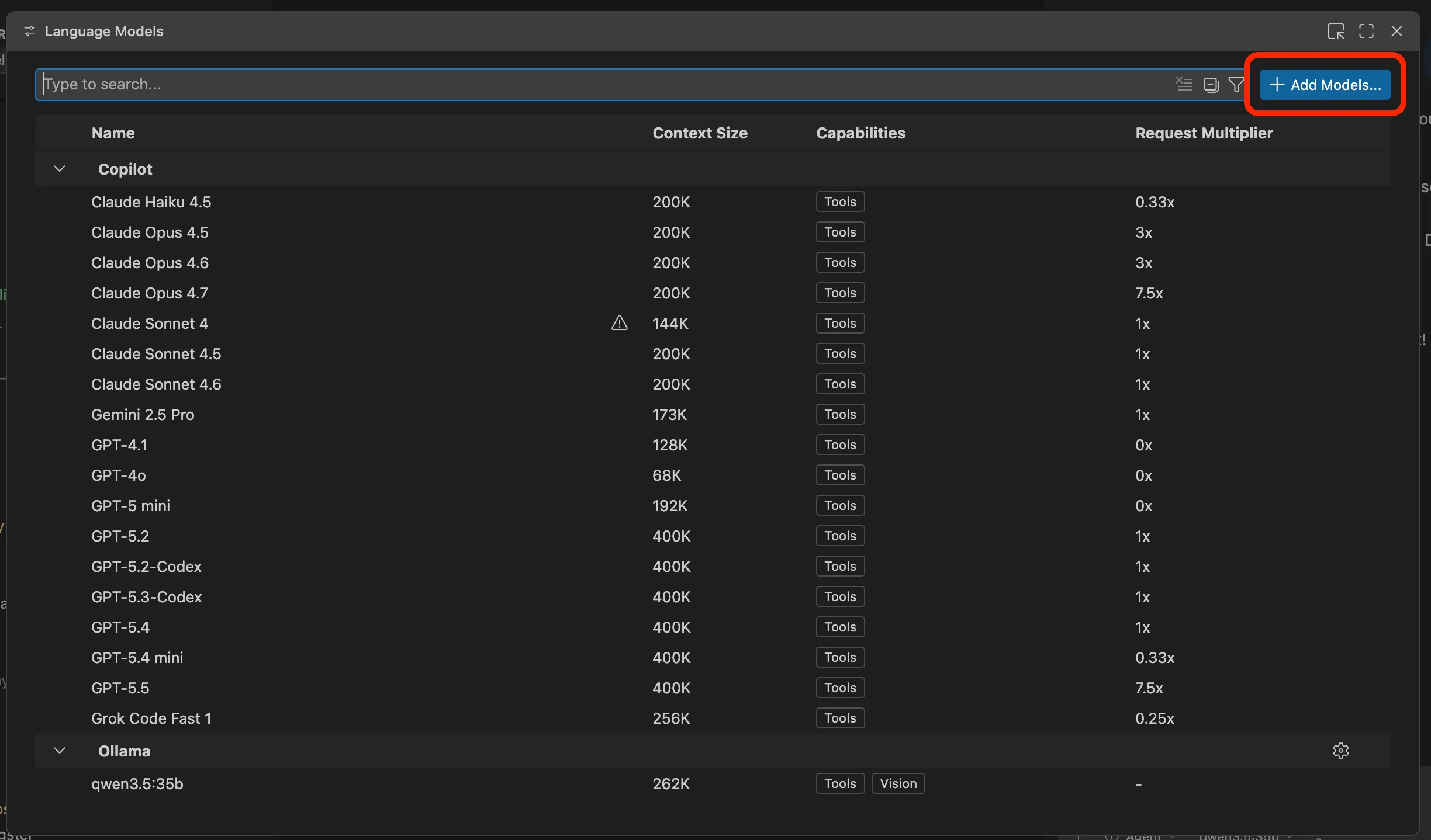 VS Code GitHub Copilot Add Models dialog selecting Ollama as local LLM provider