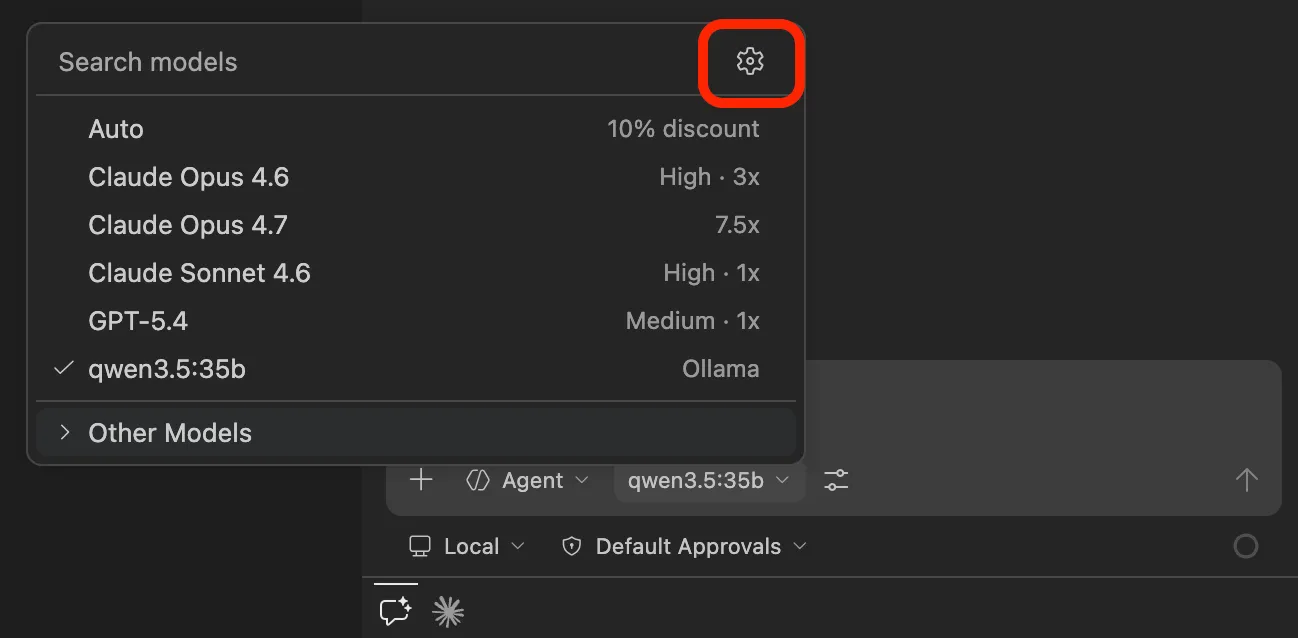 GitHub Copilot model selection settings icon in VS Code sidebar